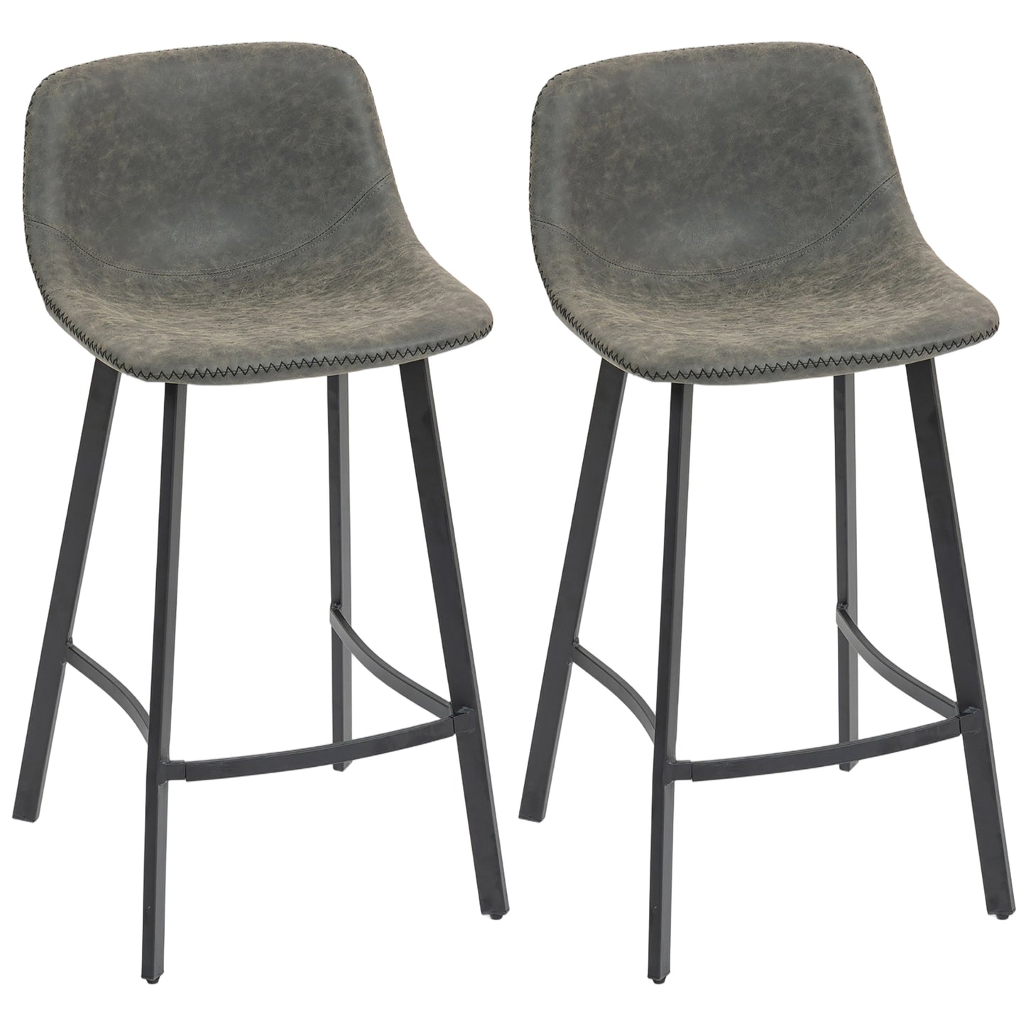 Nora Set Of 2 Grey Faux Leather Dining Bar Stools With Back And Foot Support