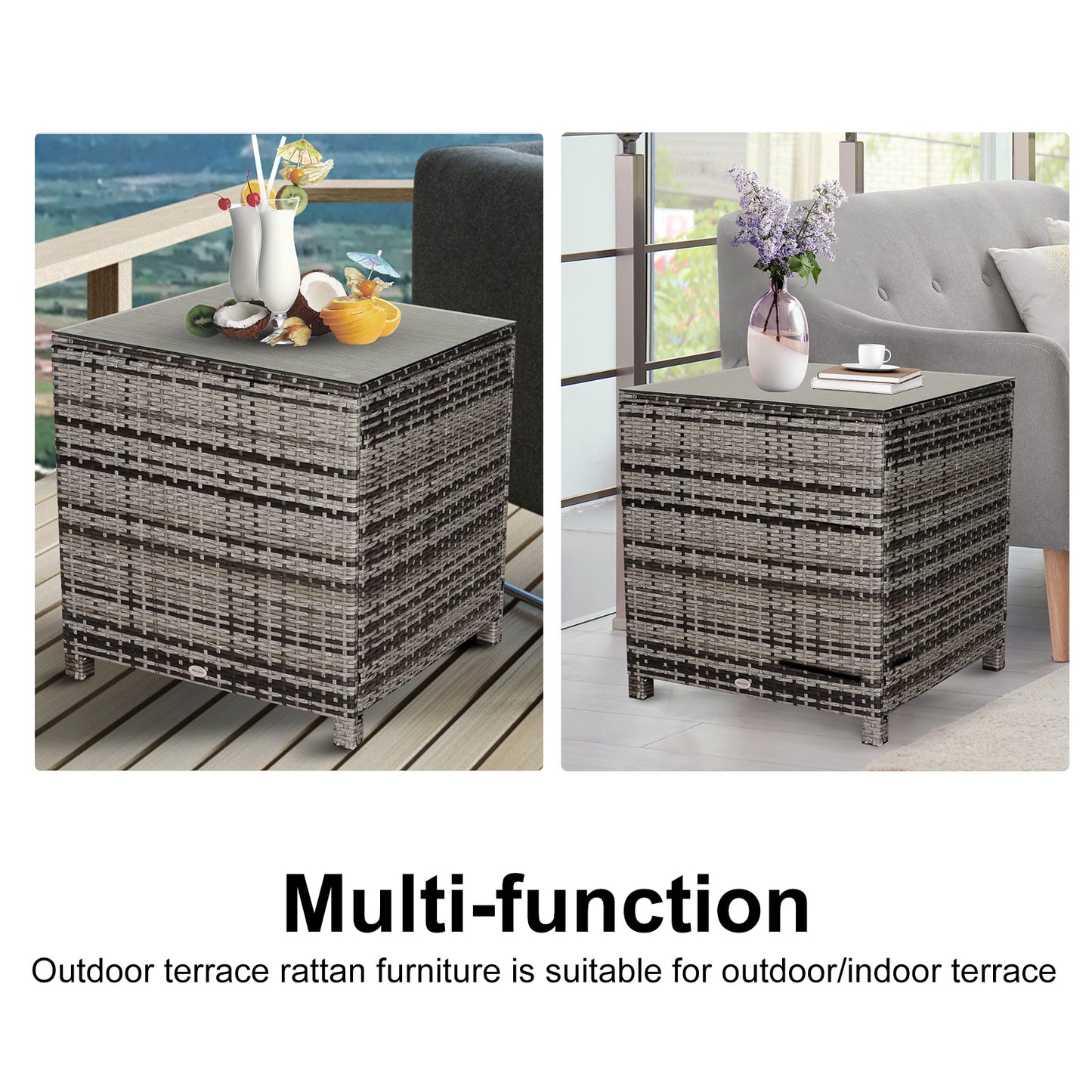 Mael Nimo Faux Rattan Grey Square Outdoor Garden Table With Glass Top