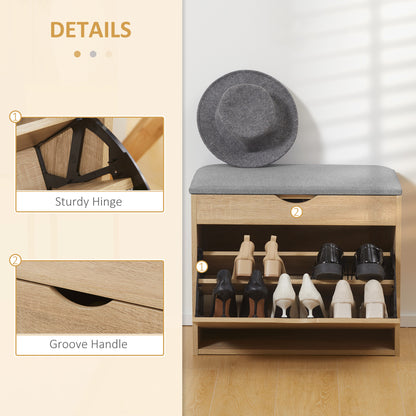 Zielma Wooden Natural Shoe Bench With Flip Up Storage And Grey Cushioned Seat