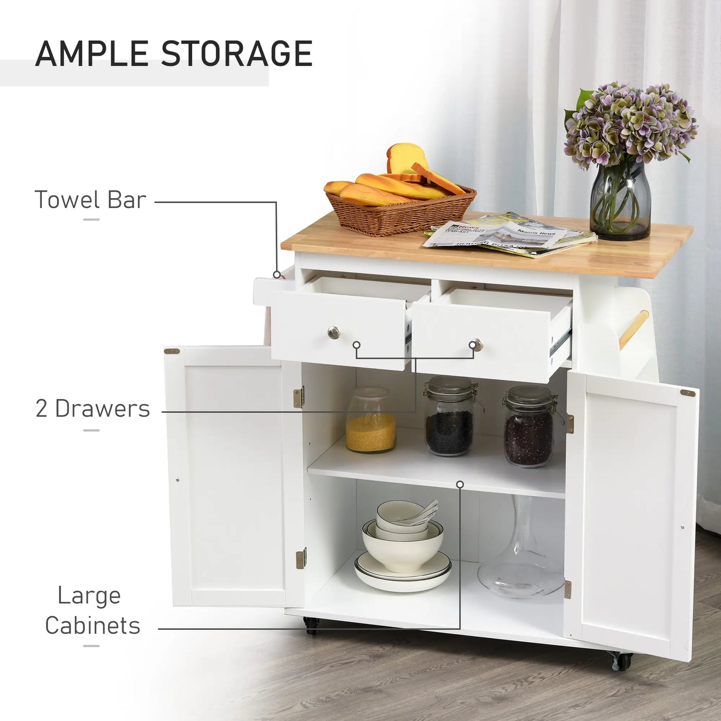 Rubberwood Top Kitchen Island On Wheels With Cabinets Drawers Spice Rack And Shelves