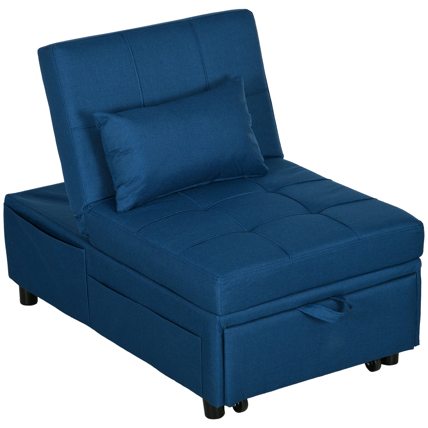 Leve Fabric Blue 4 In One Convertible Chair Bed With Adjustable Back Side Pocket Wheels And Pillow