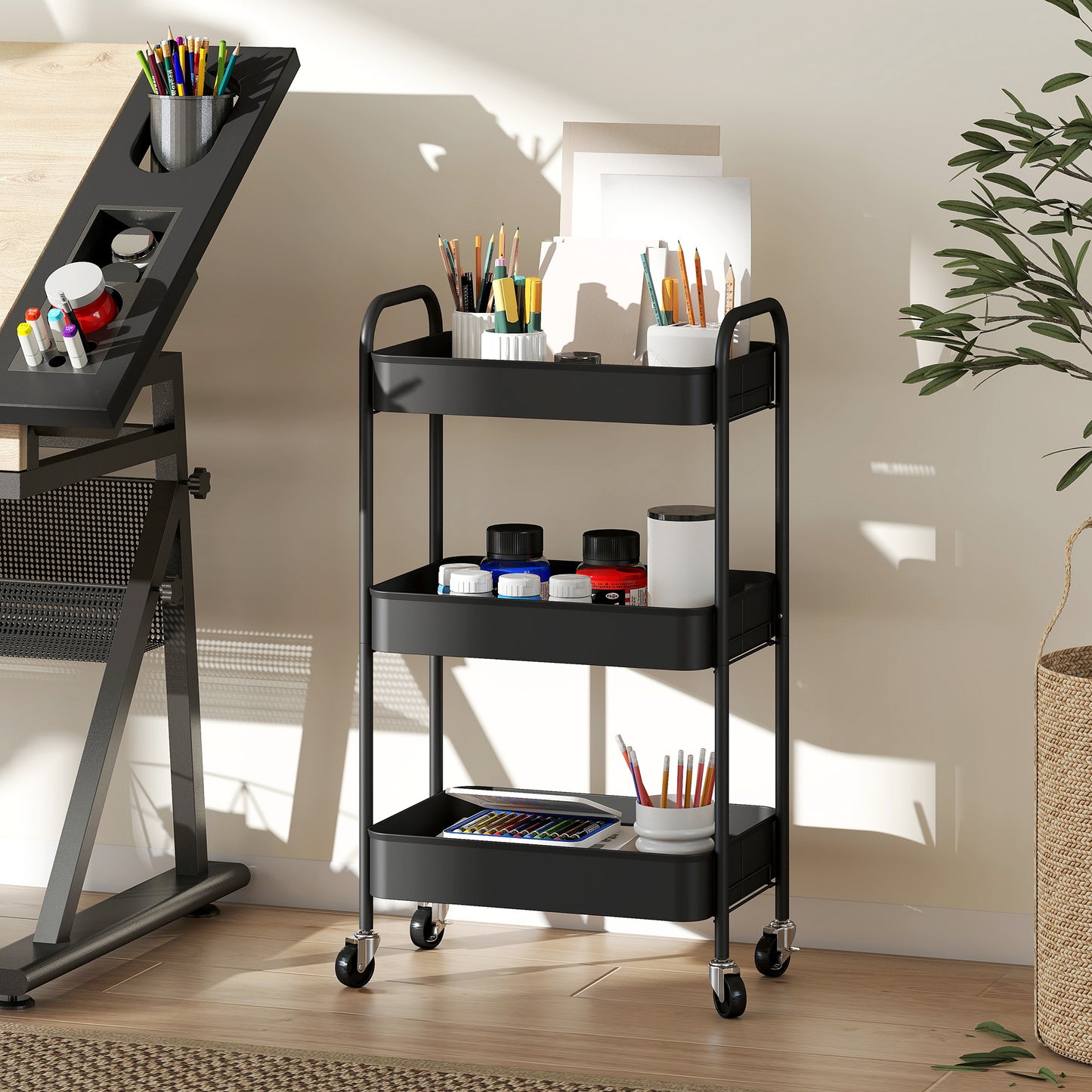 Varafi Metal Black 3 Tier Steel Storage Trolley With Wheels