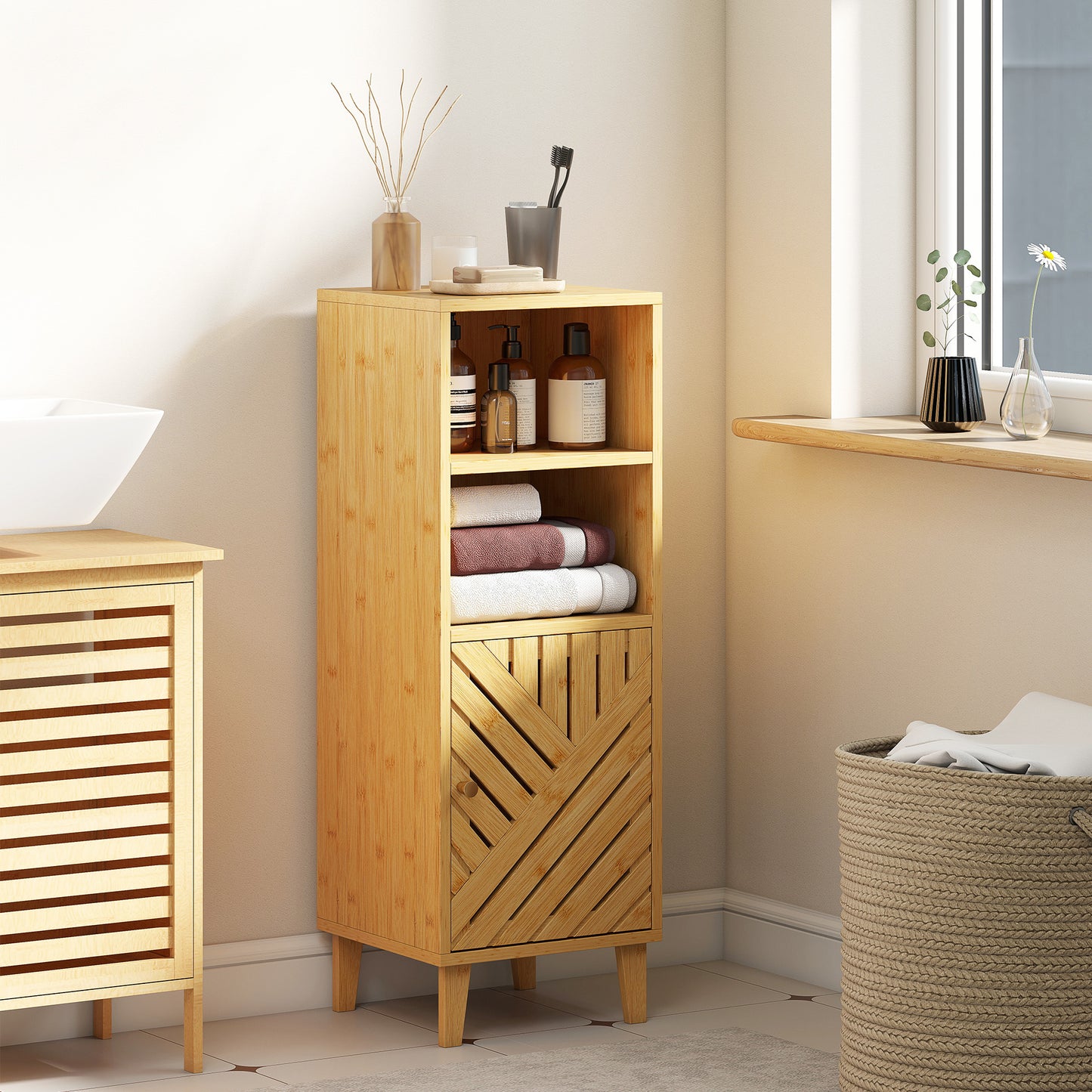 Mire Slim Freestanding Bathroom Storage Cabinet With Bamboo Door Legs And OFauxn Compartments Natural Wood Finish
