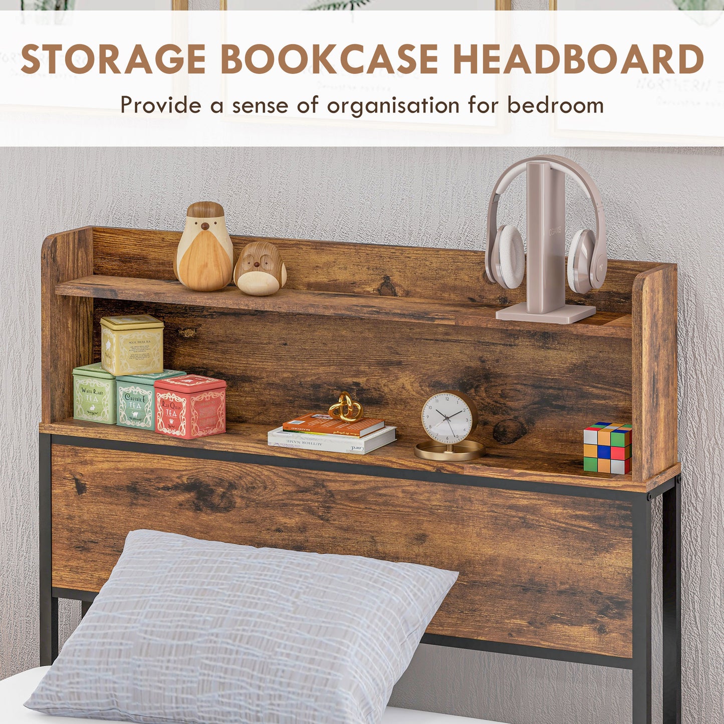 Sata 3FT1 Rustic Brown and Black Industrial Single Bed Frame with Shelves