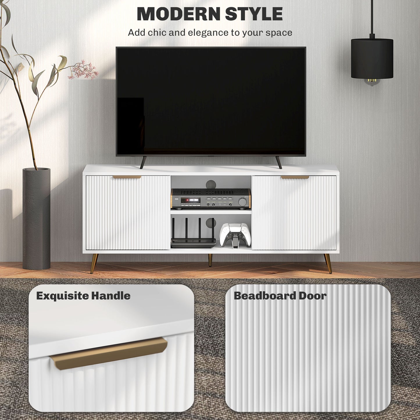 Lamo 120cm Wooden White TV Stand 2 Etched Doors and Shelf For Screens Up To 55 Inches