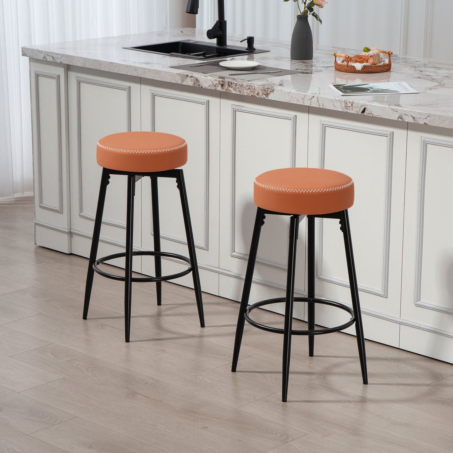 Mativa Faux Leather Brown And Black Bar Stools Set Of 2 With Footrests