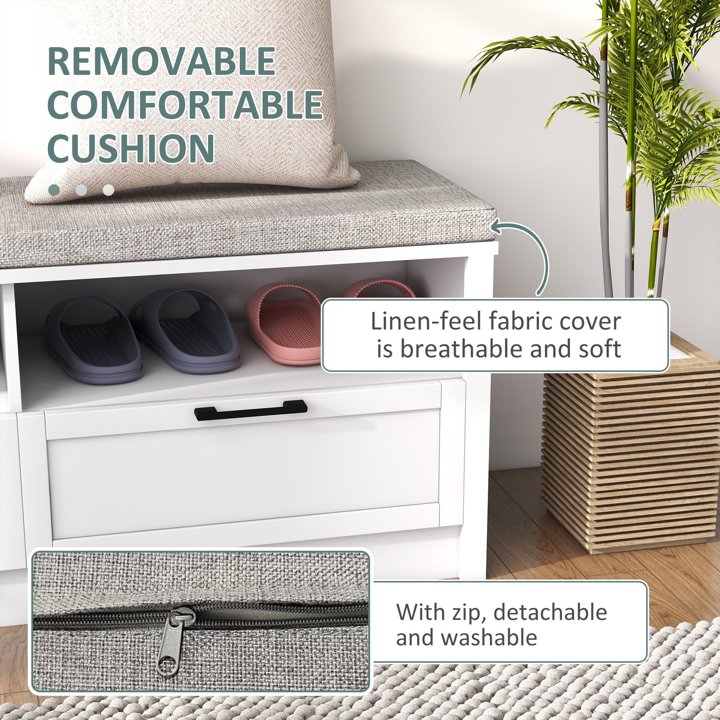 Noma Wooden White Shoe Bench With Grey Cushion2 Shelves 2 Drawers