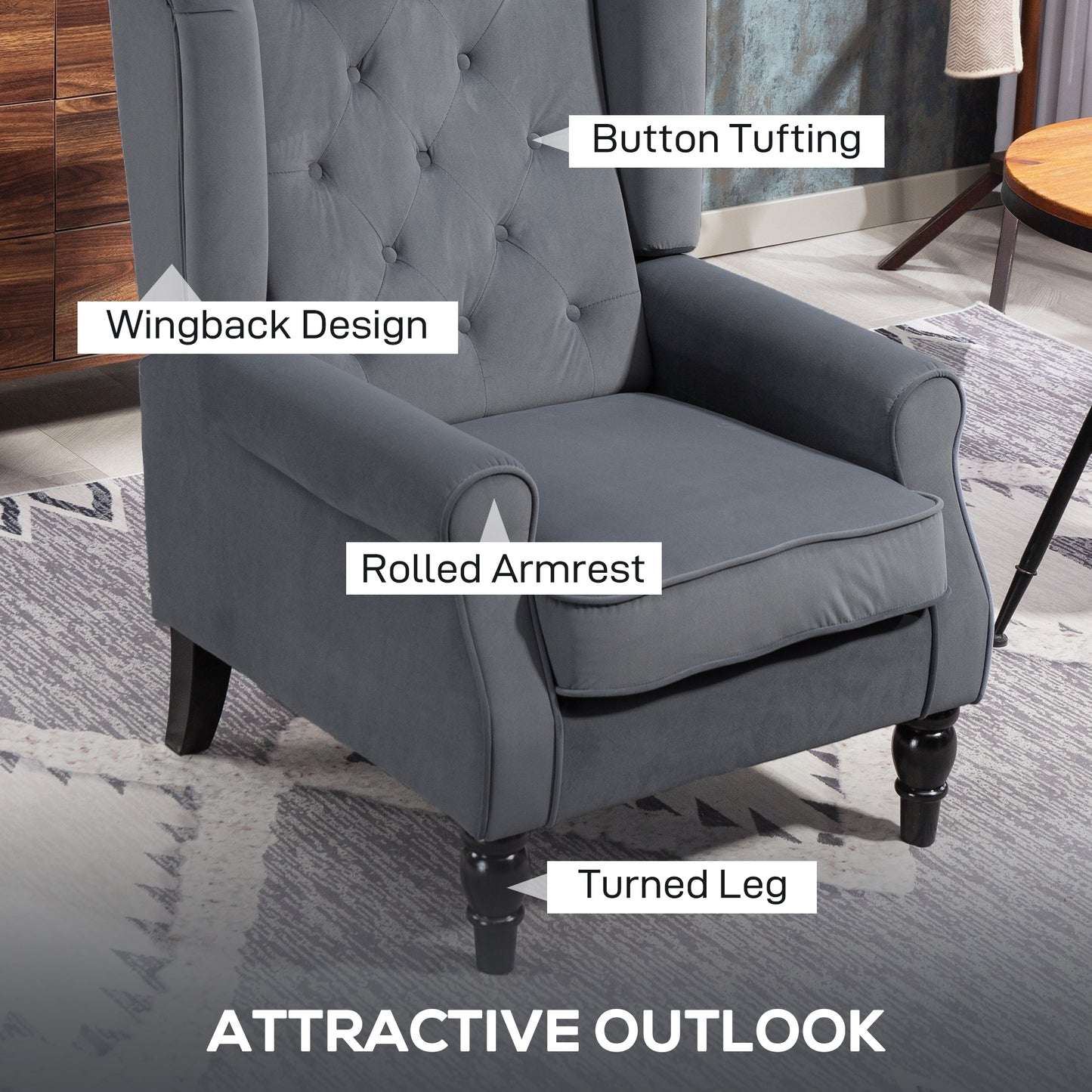 Vanola Fabric Grey Retro Wingback Accent Armchair With Diamond Button Tufted Upholstery