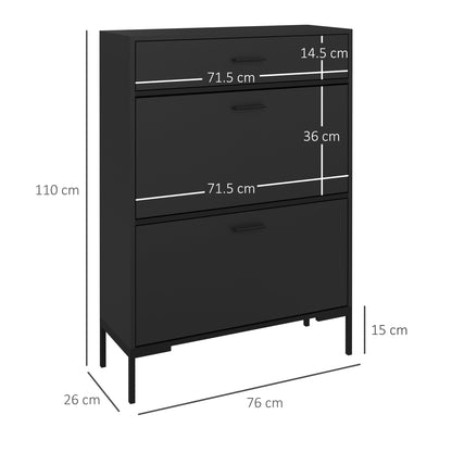 Sopane Wooden Black Slim Shoe Cabinet With 3 Drawers For 12 Pairs