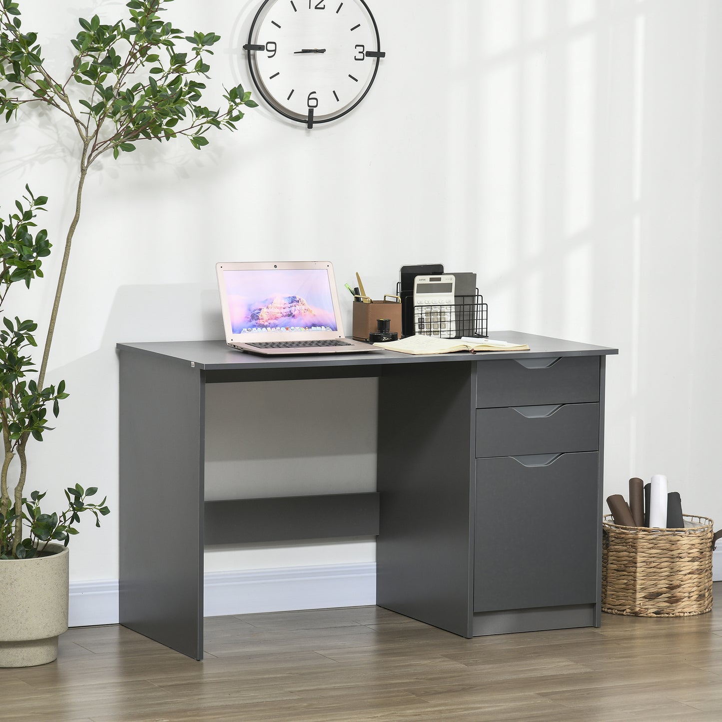 Sareco 120cm High Gloss Grey Home Office Desk With Drawers And Storage Cabinet