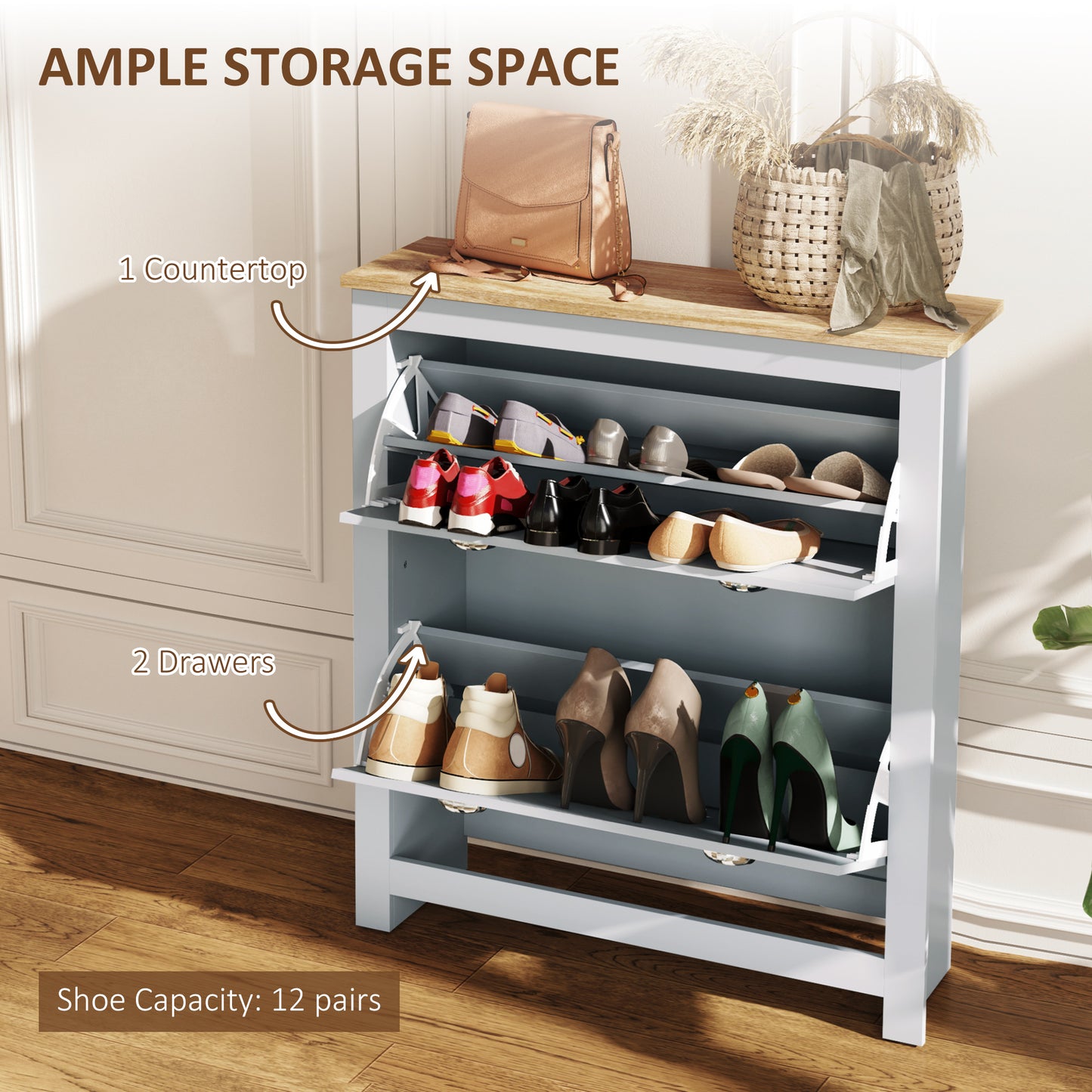 Kamcha Grey and Natural Wood Narrow Shoe Cabinet With 2 Flip Drawers For 6 To 12 Pairs