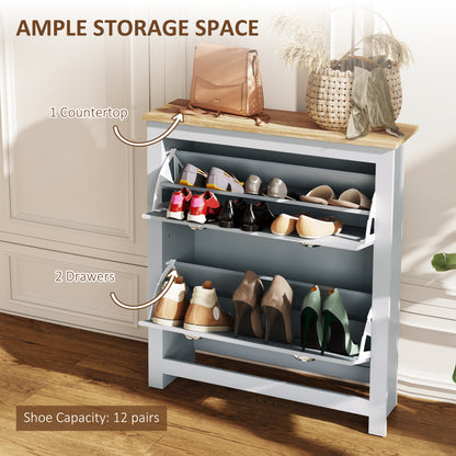 Kamcha Grey and Natural Wood Narrow Shoe Cabinet With 2 Flip Drawers For 6 To 12 Pairs
