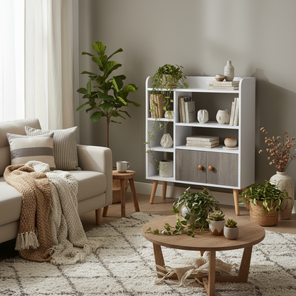 Eltano Wood And Metal White And Grey Freestanding Bookcase With Storage Cabinet And Legs
