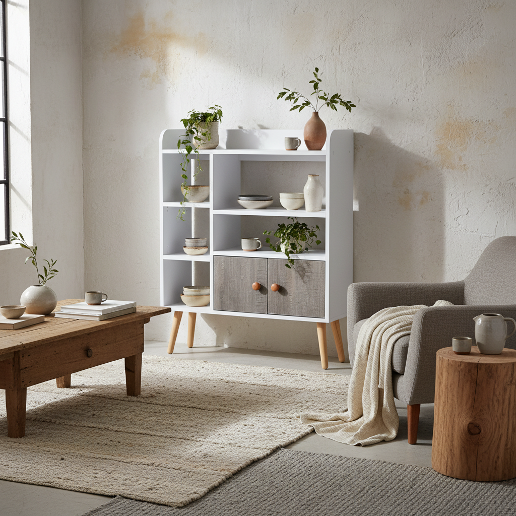 Eltano Wood And Metal White And Grey Freestanding Bookcase With Storage Cabinet And Legs