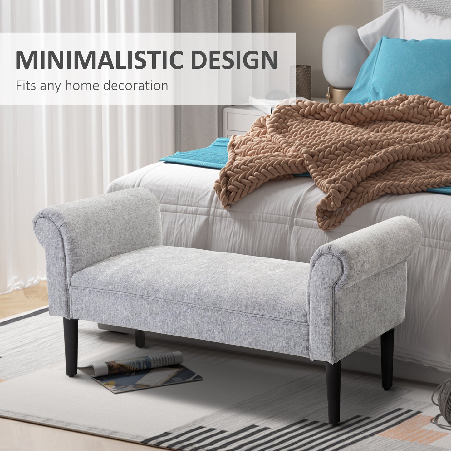 Bapazi Fabric Grey Upholstered Bed End Bench With Arm And Wooden Legs
