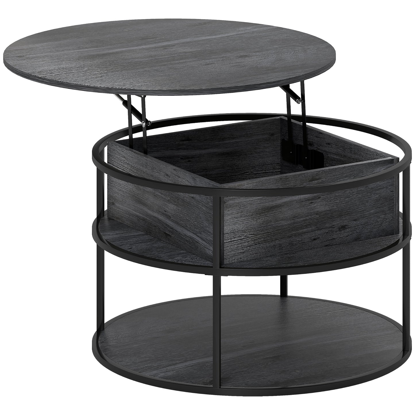 Diha Metal And Wooden Dark Grey Round Lift Top Coffee Table With Hidden Storage