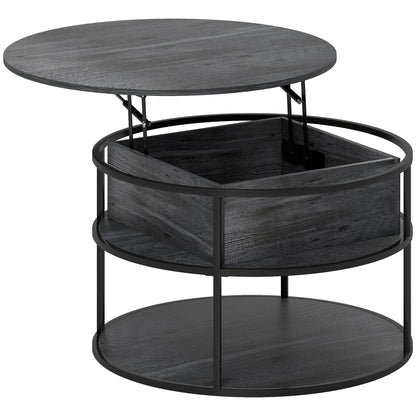 Diha Metal And Wooden Dark Grey Round Lift Top Coffee Table With Hidden Storage