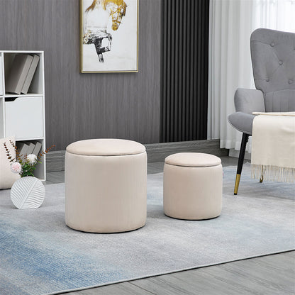 Vivalepa Set Of 2 Fabric Cream White Round Storage Ottomans With Removable Lids