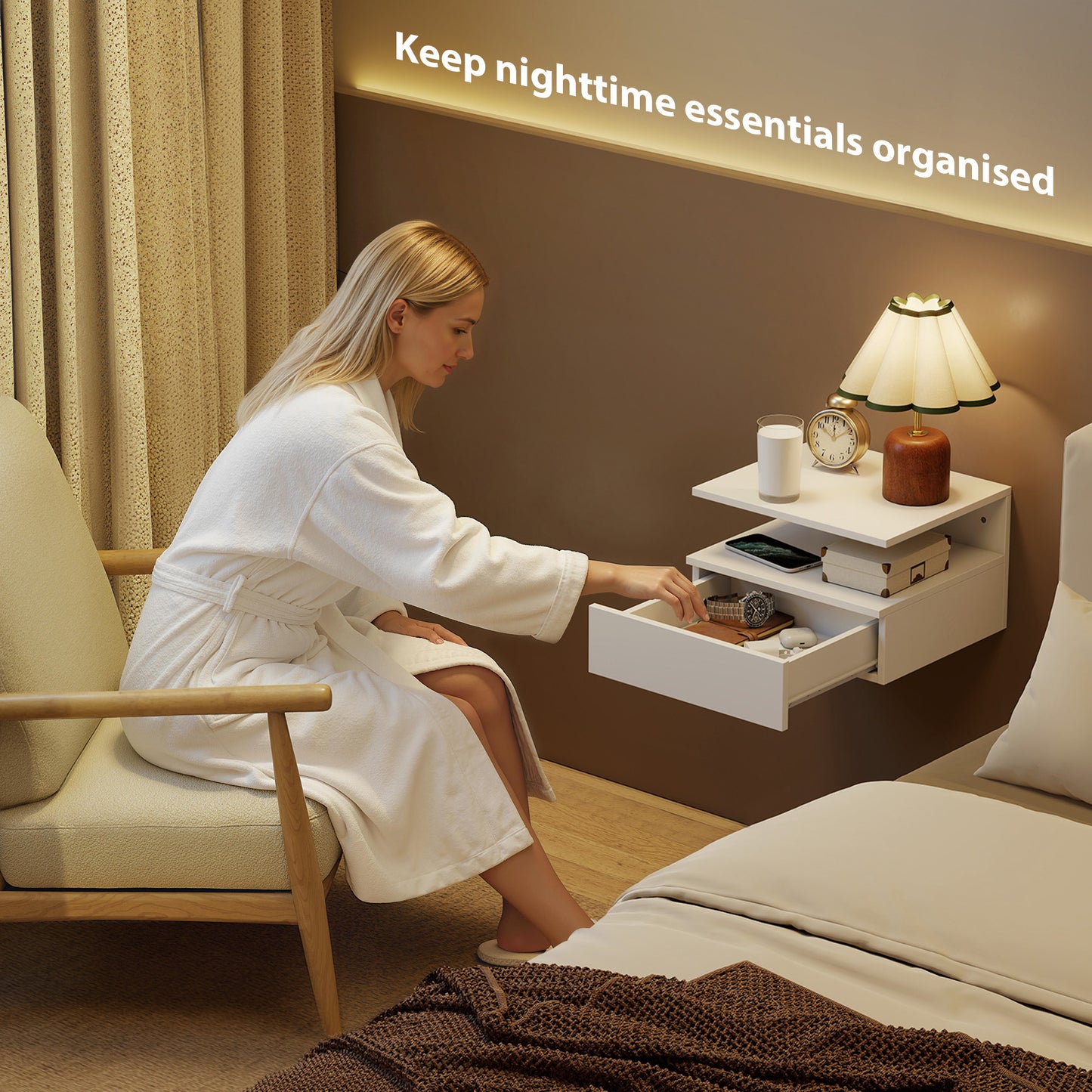 Toriro White Set Of 2 Floating Wall Mounted Bedside Tables 1 Drawer 1 Shelf