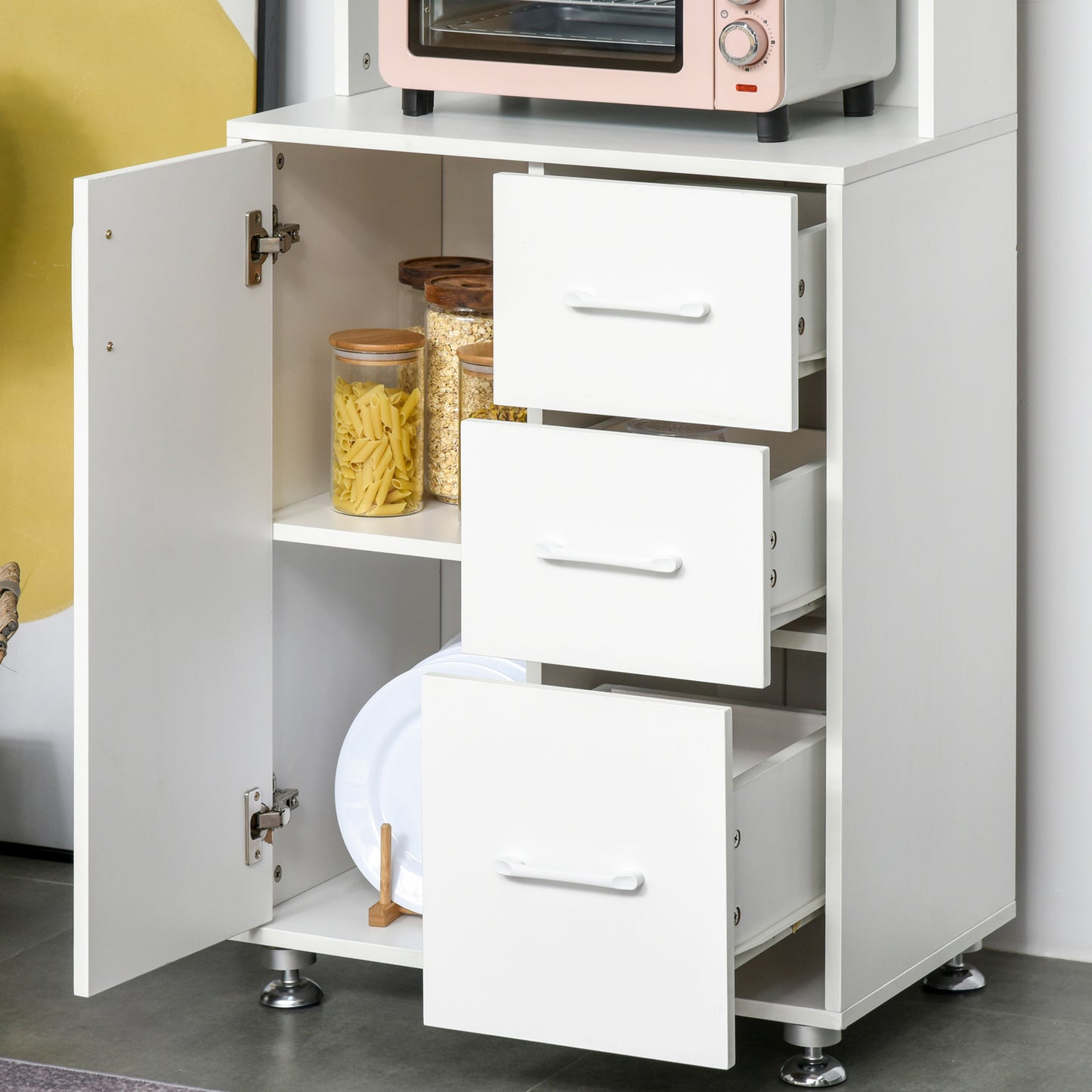 Cohana Wooden White Modern Kitchen Cupboard With 3 Drawers And Open Counter