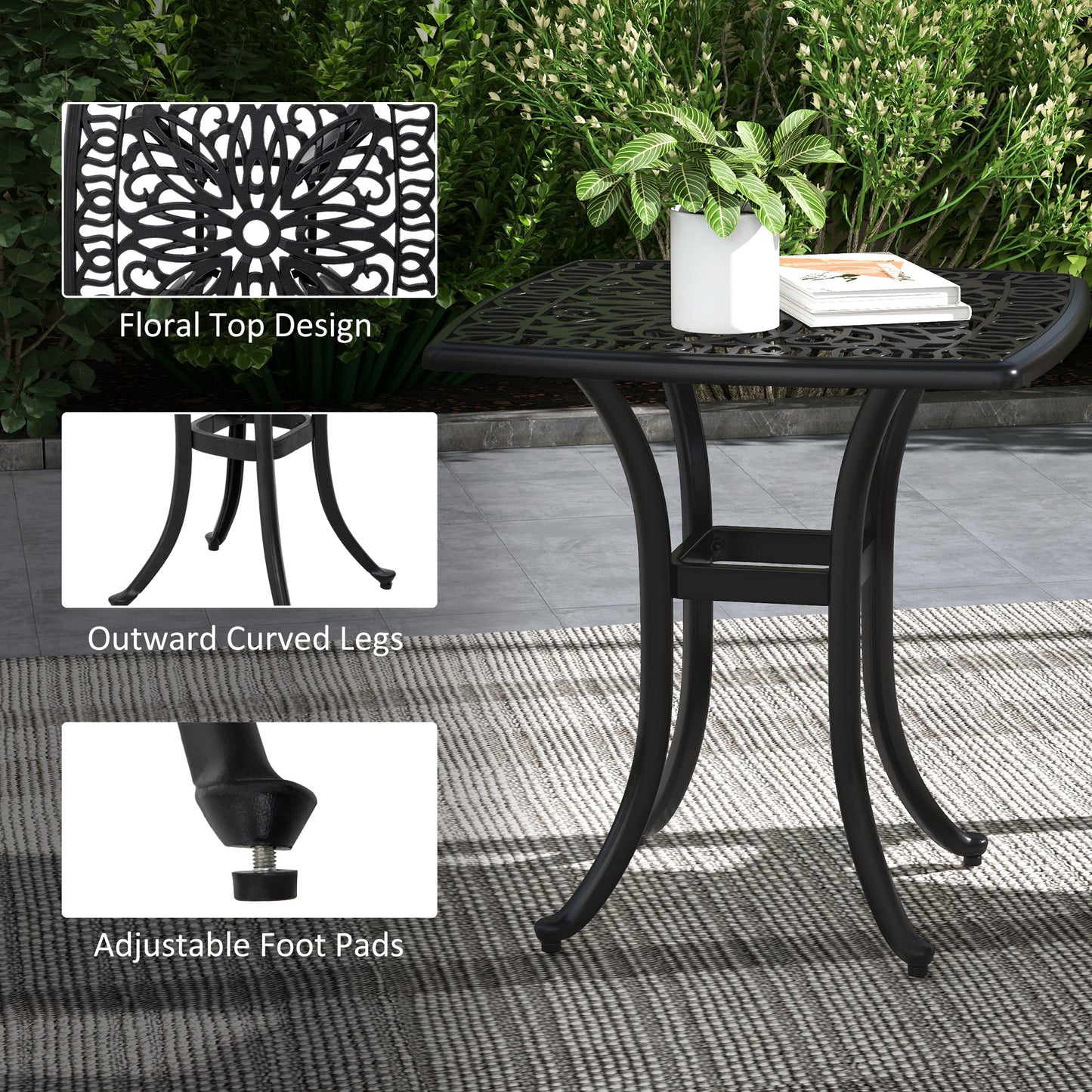 Dodo Cast Aluminium Black Square Outdoor Bistro Table With Umbrella Hole