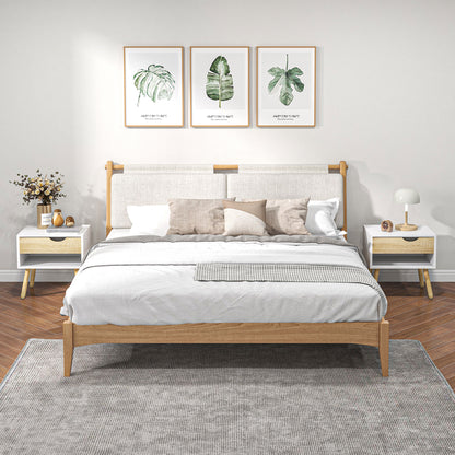 Leel Set Of 2 White and Natural Wood Bedside Tables With Drawer And Bottom Shelf