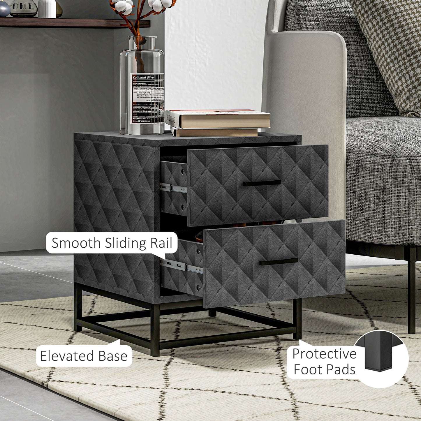 Nonare Set Of 2 Grey Retro Bedside Tables With 2 Drawers And Steel Legs