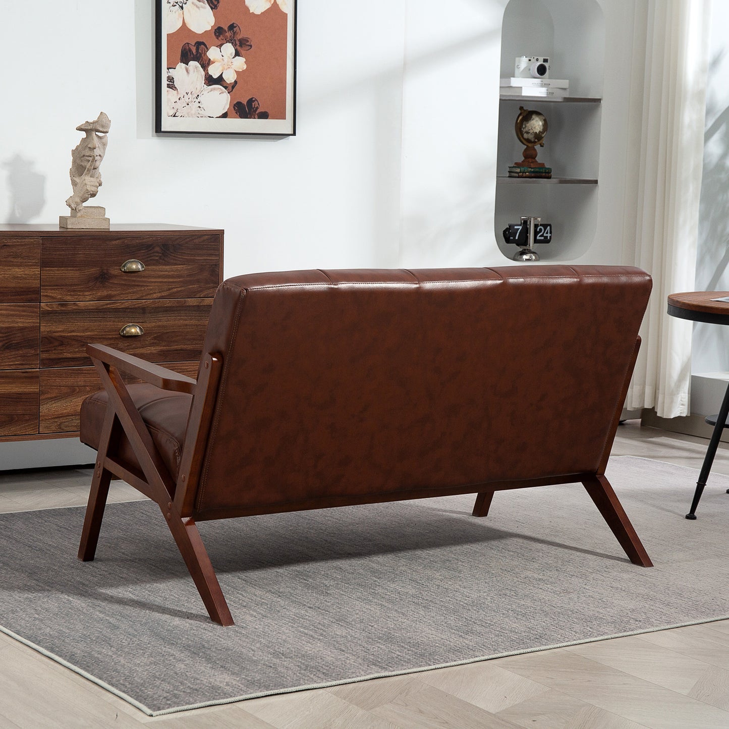 Kara Faux Leather Brown Compact 2 Seater Sofa With Tufted Back