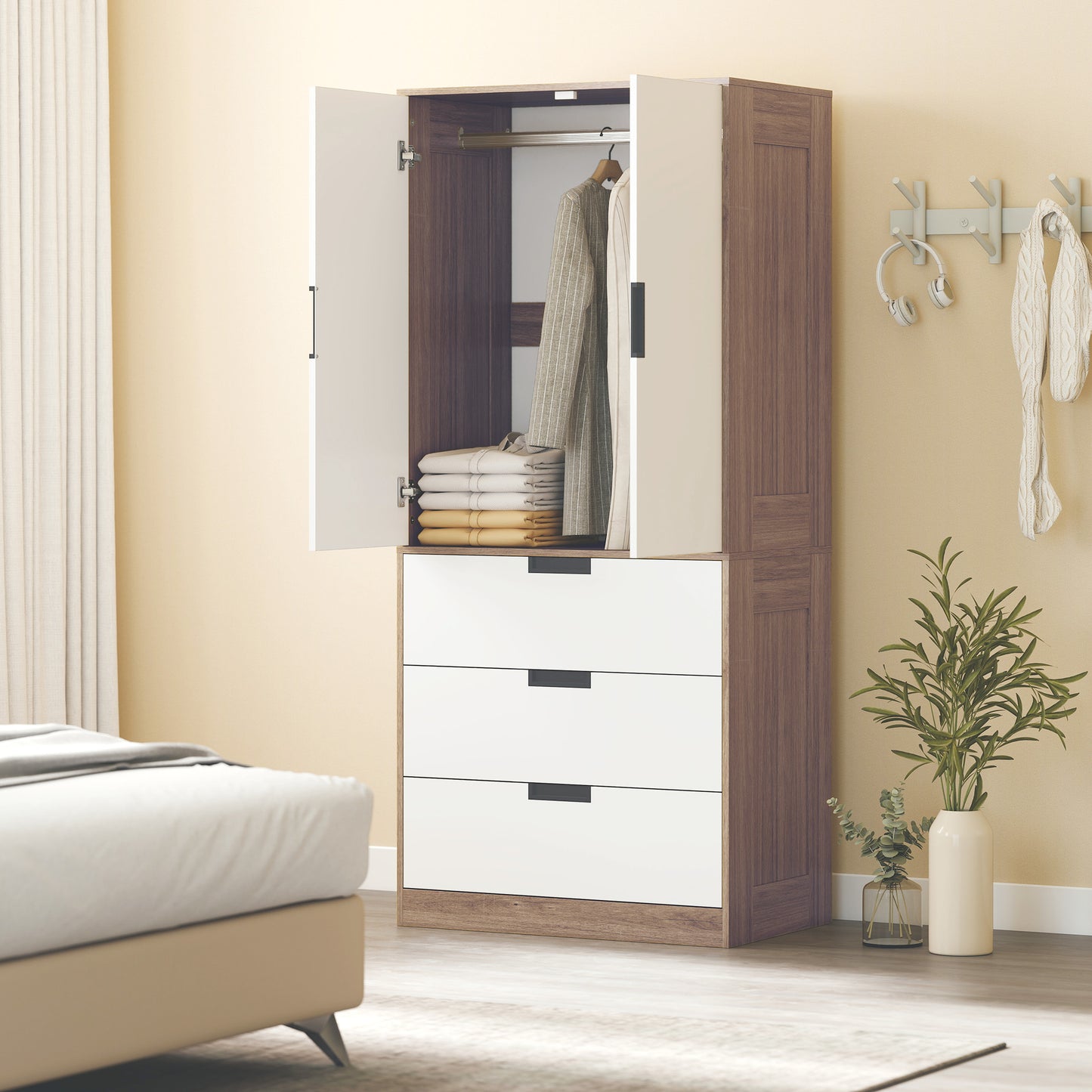 Coracasa White And Brown 2 Door Wardrobe With Hanging Rail and 3 Drawer Storage Unit