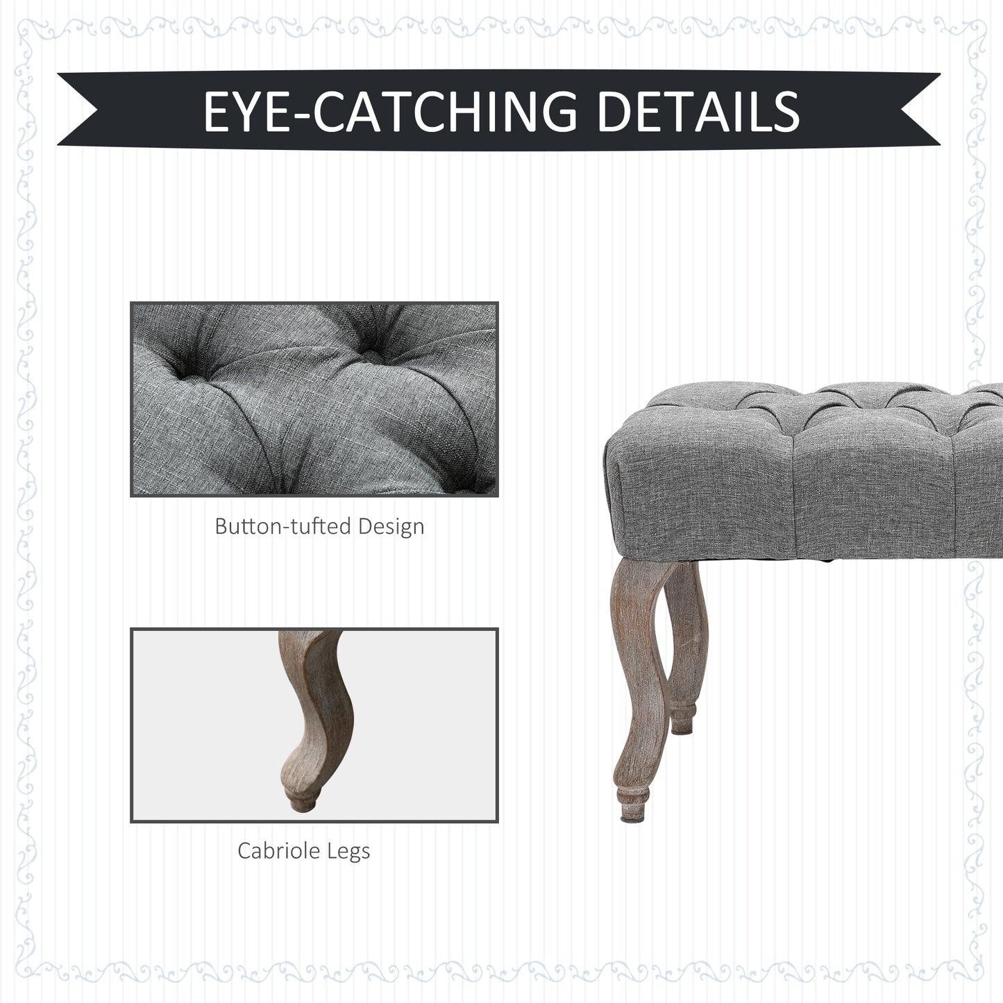Kene Grey Upholstered Tufted Accent Bench White Washed Wooden Legs