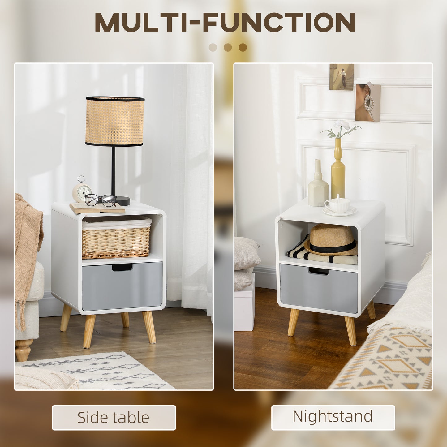 Neselo Yozi Set Of 2 Scandinavian Style Wooden Bedside Tables With Drawer And Shelf
