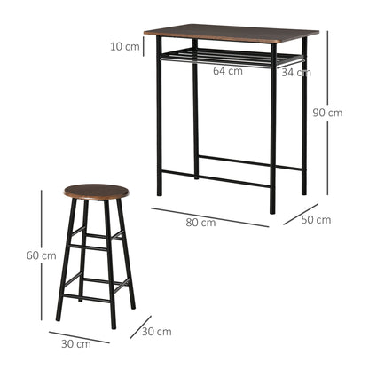 Yoliba Metal And Wooden Black And Oak Breakfast Bar Table And Stool Set With Storage Shelving
