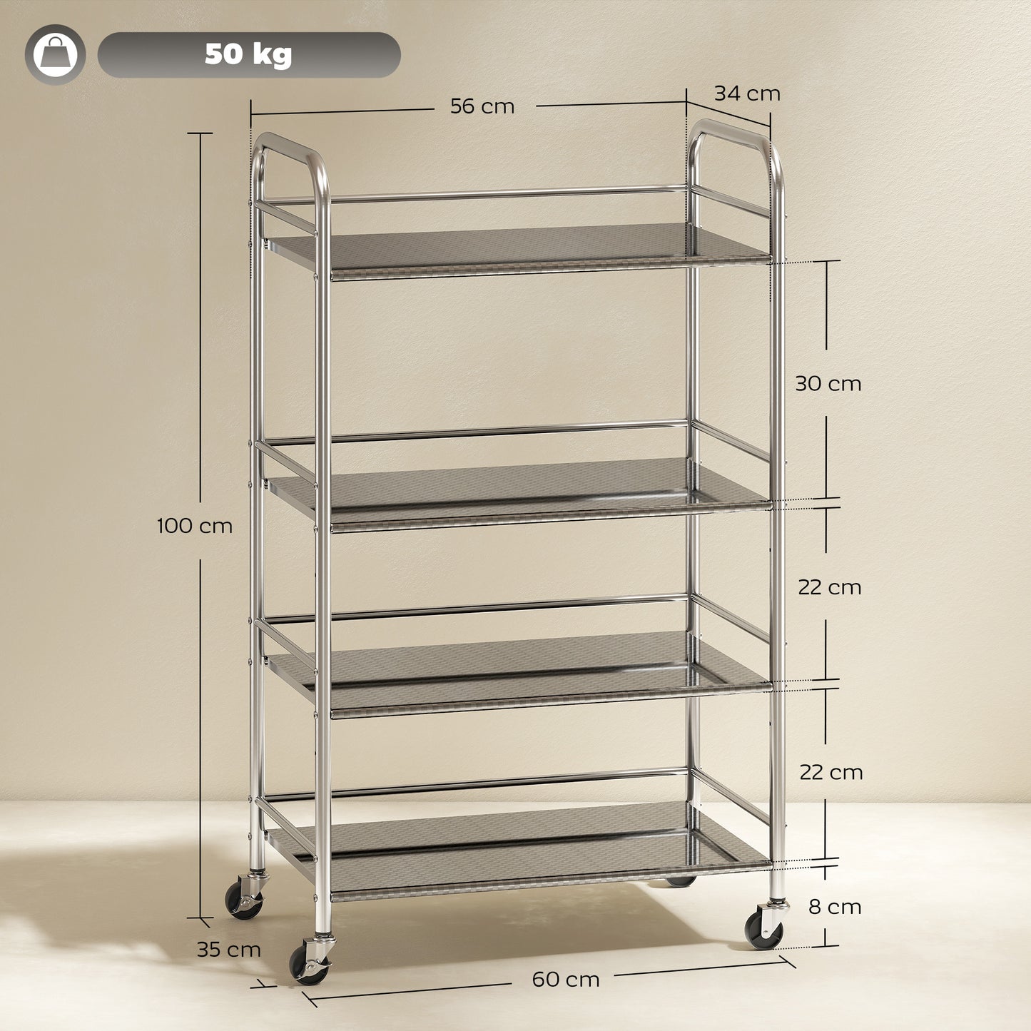 Lalu Stainless Steel Silver 4 Tier Kitchen Trolley With Adjustable Shelves