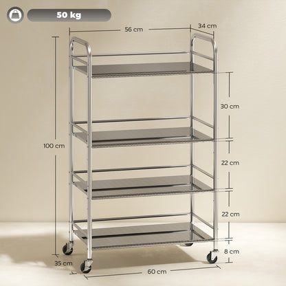 Lalu Stainless Steel Silver 4 Tier Kitchen Trolley With Adjustable Shelves