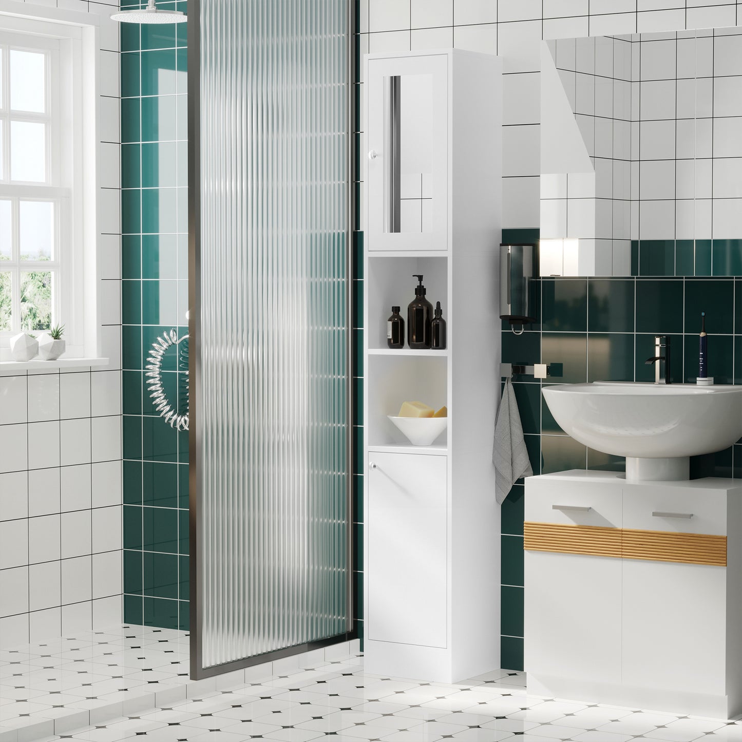 Sokana Tall Bathroom Storage Cabinet With Mirror And Adjustable Shelving Freestanding White