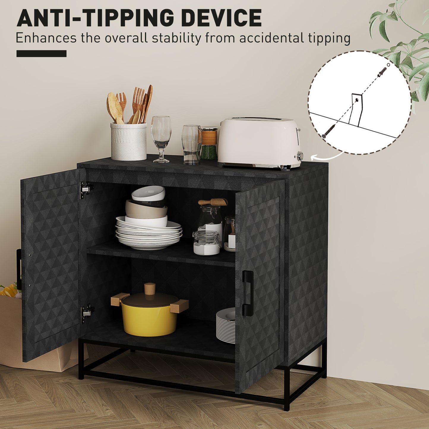 Nelima Black Freestanding Retro Sideboard With Double Doors Geometric Pattern