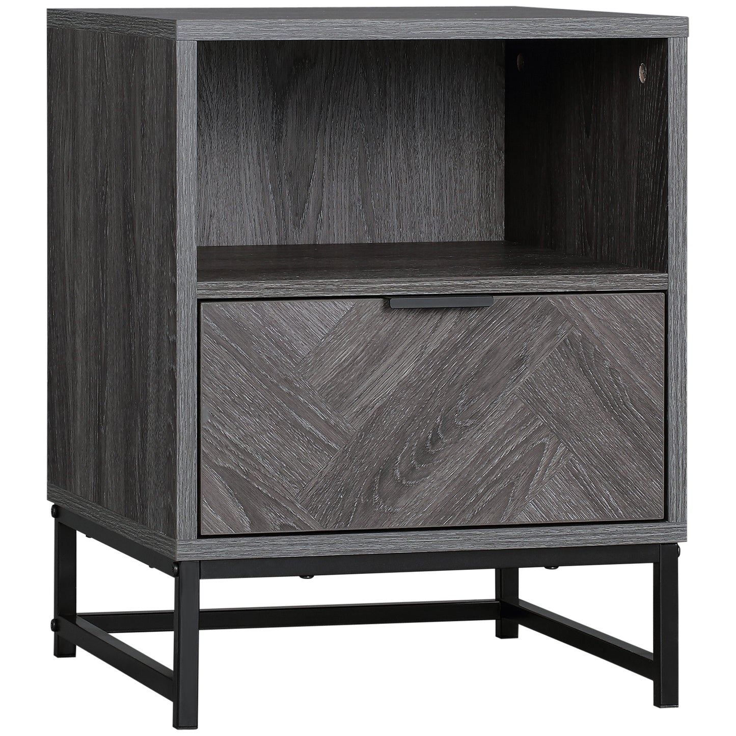 Fari Dark Grey Bedside Table With Drawer And Shelf Storage And Steel Legs