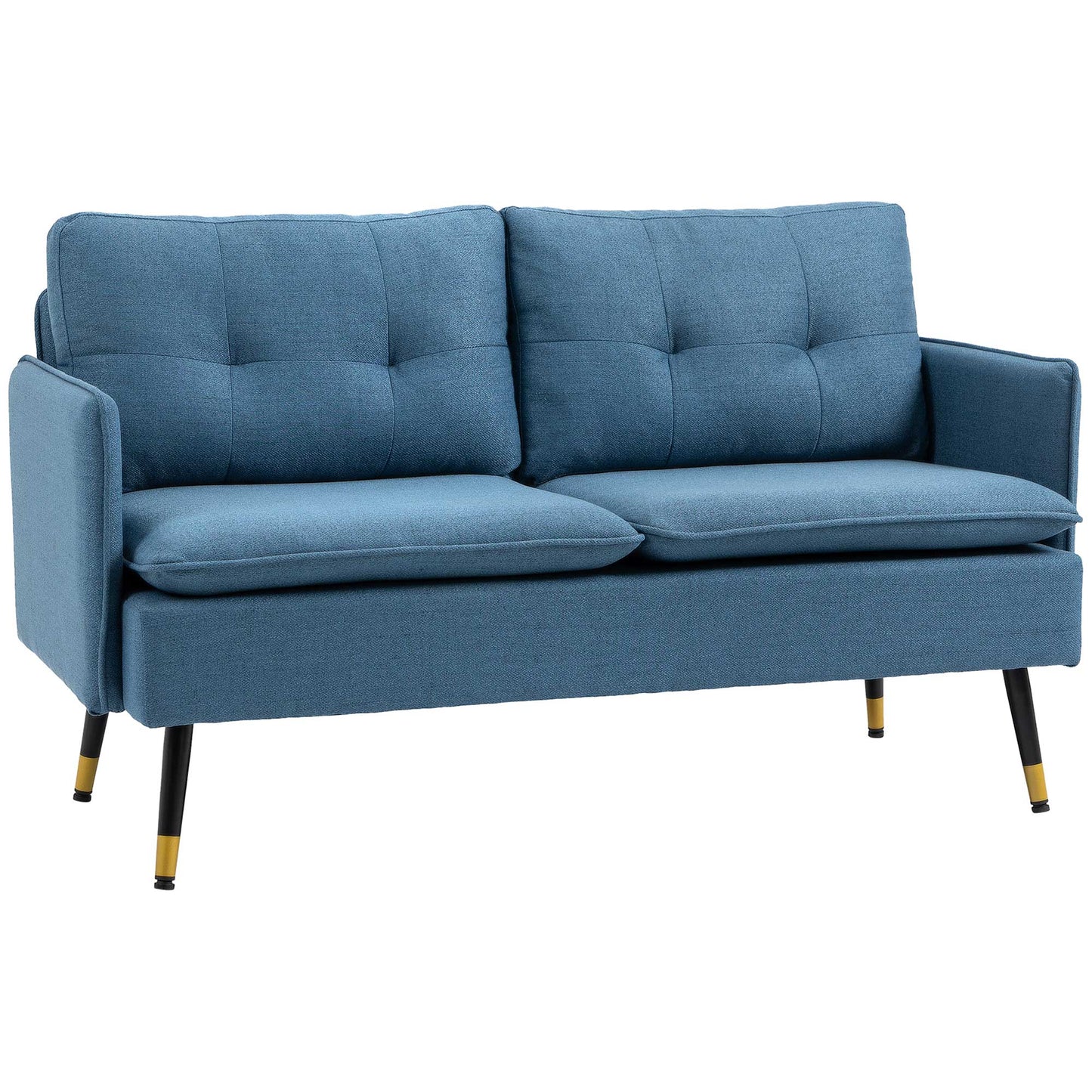 Mado Fabric Dark Blue Button Tufted 2 Seater Sofa With Cushions And Steel Legs