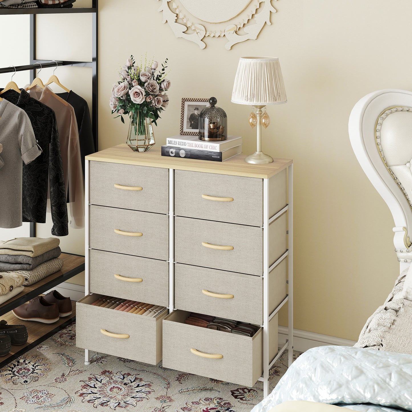 Panora Metal And Fabric Maple Wood Effect 8 Drawer Industrial Storage Dresser