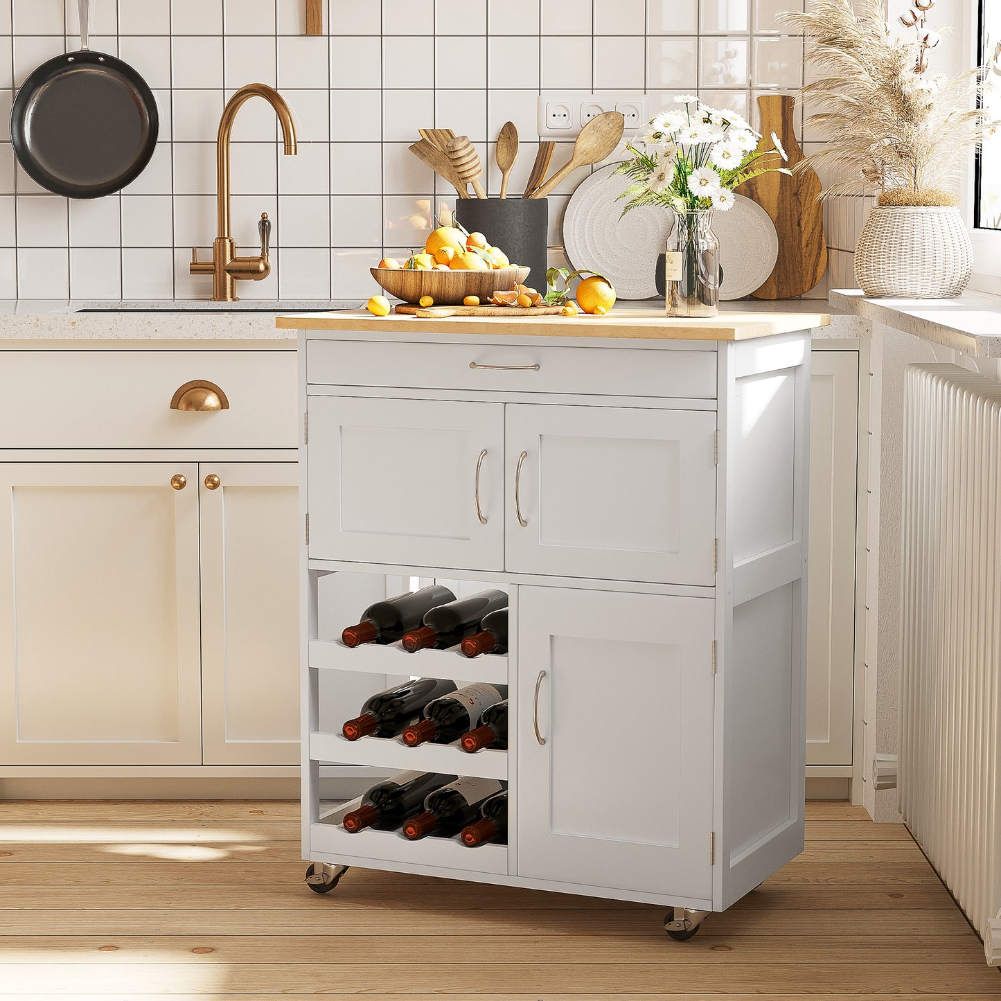 Hala Wooden White Rolling Kitchen Island With Wine Rack 1 Drawer 3 Doors
