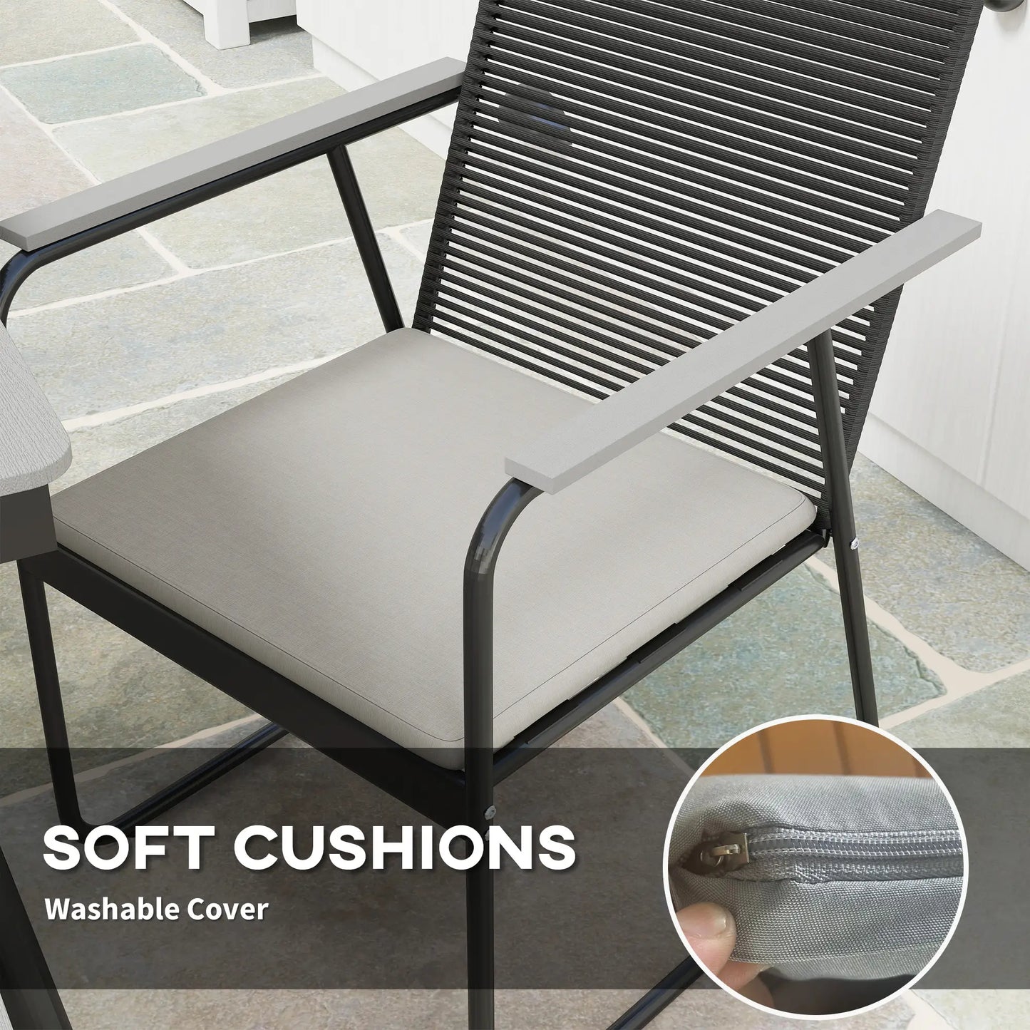 Karutte 6 Seater Garden Dining Set featuring Soft Cushions Rattan Backrest Rectangular Plastic Top Garden Furniture Set Outdoor Dining Table & Chairs for Patio Balcony Poolside Grey