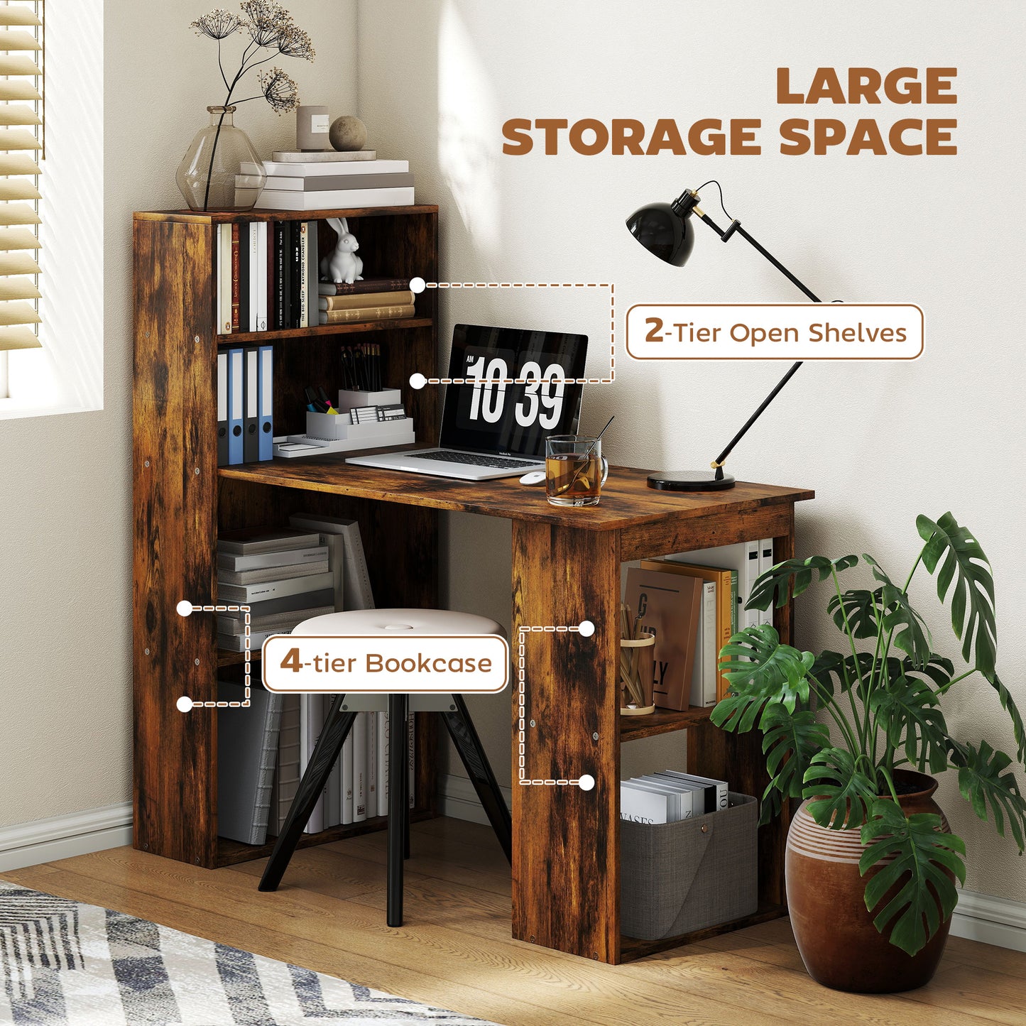 Nanono 120cm Wooden Rustic Brown 6 Tier Bookshelf Desk For Home Office