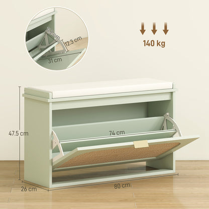 Rikena Coyo Wooden Light Green Boho Style Shoe Bench With Cushioned Seat And Flip Drawer