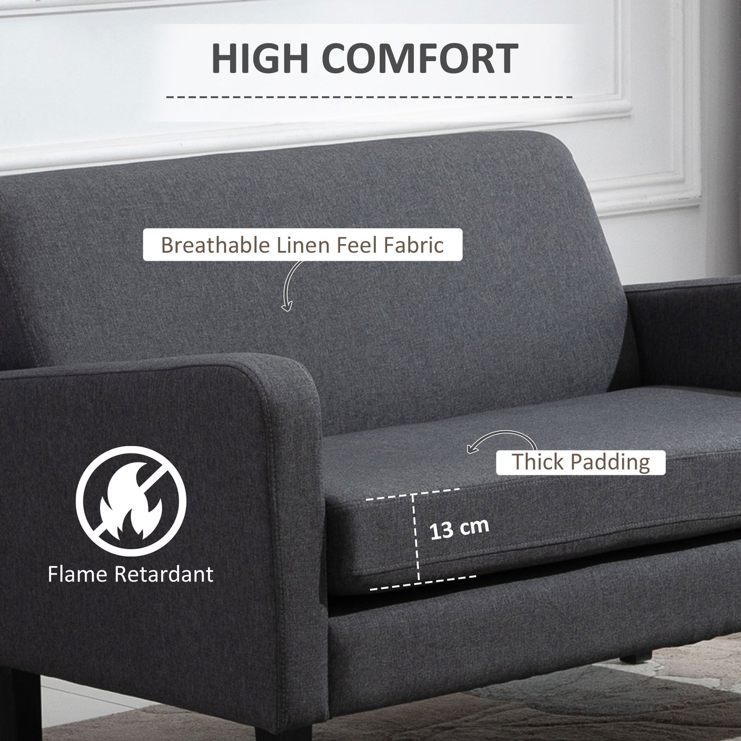 Kahaba Linen Grey Curved 2 Seater Sofa With Thick Cushion And Wooden Legs