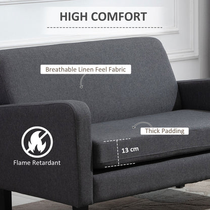 Kahaba Linen Grey Curved 2 Seater Sofa With Thick Cushion And Wooden Legs