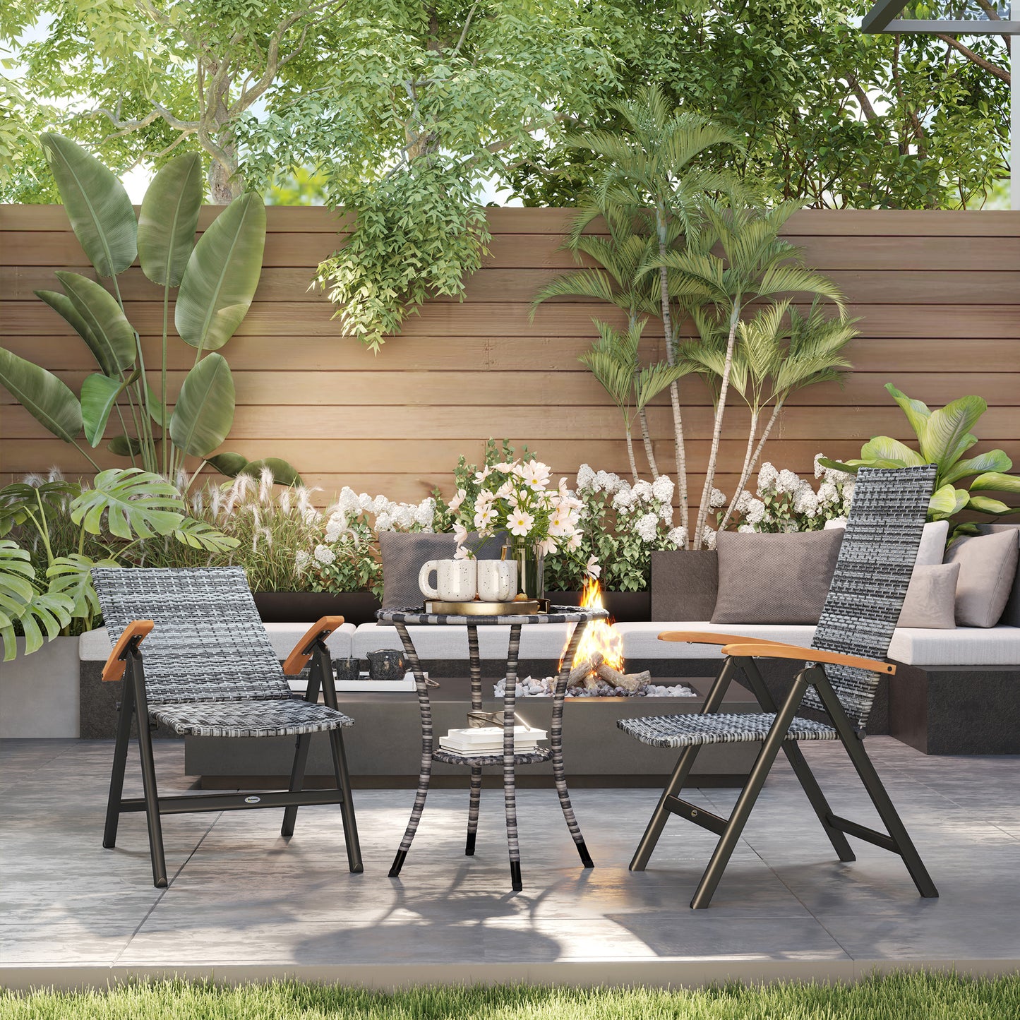 Nihara Rattan Light Grey Folding Garden Dining Chairs Set Of 2 With Reclining Back And Wooden Armrests