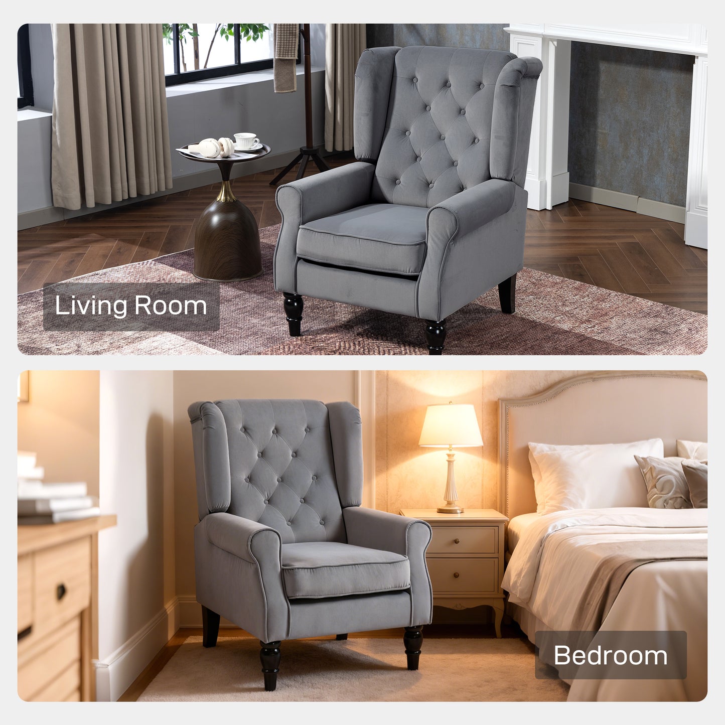 Linimo Light Grey Retro Wingback Accent Chair With Button Tufted Upholstery