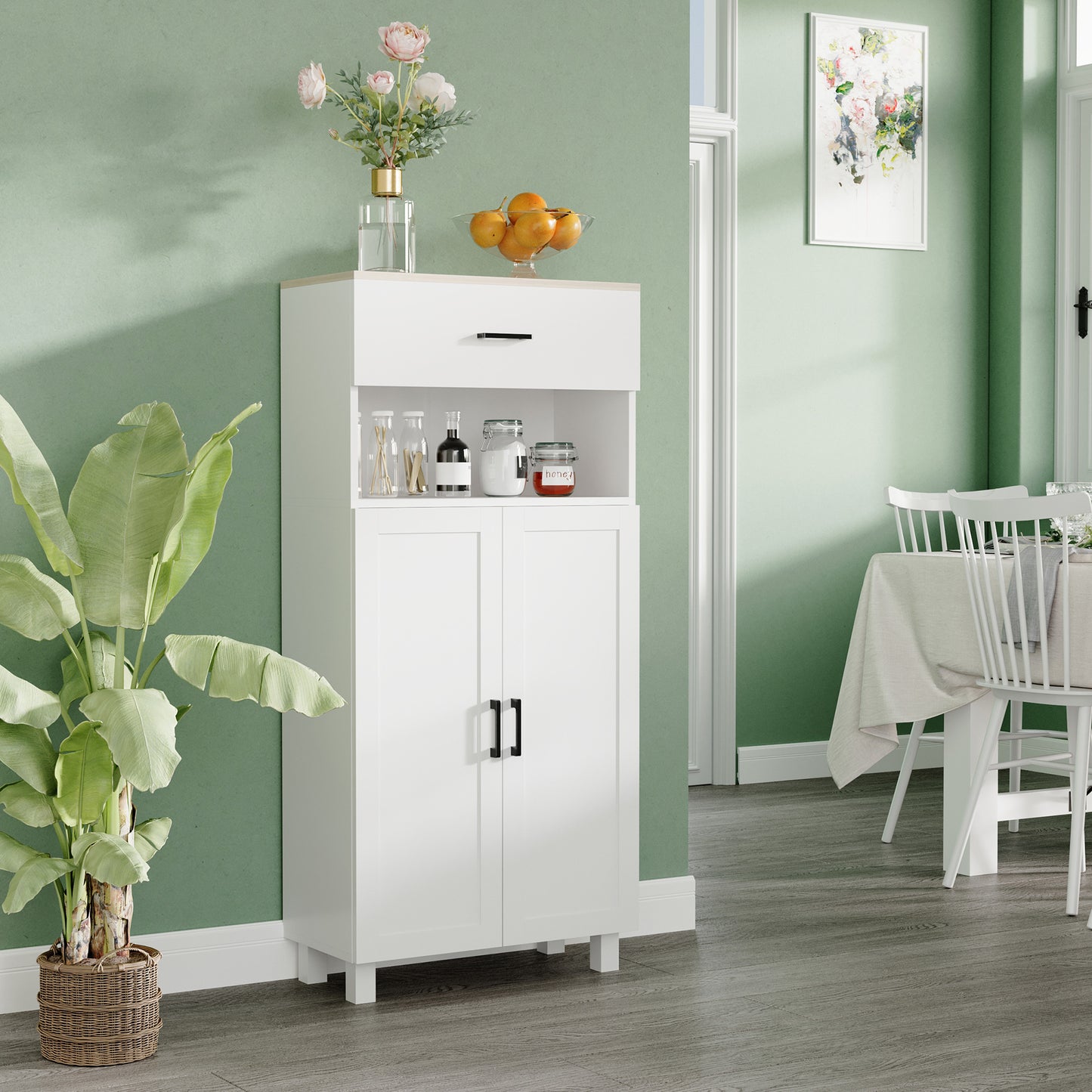 Yoelna 130cm Wooden White Nordic Kitchen Cabinet 1 Drawer 2 Doors And Open Counter