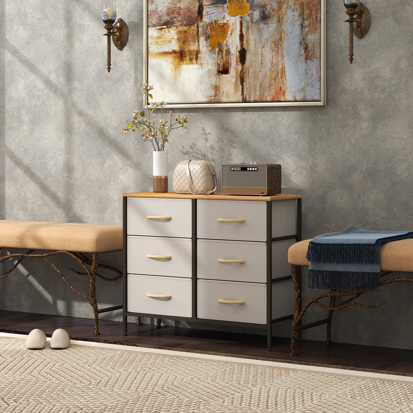 Nali Metal And Fabric Cream White 6 Drawer Industrial Storage Dresser With Steel Frame