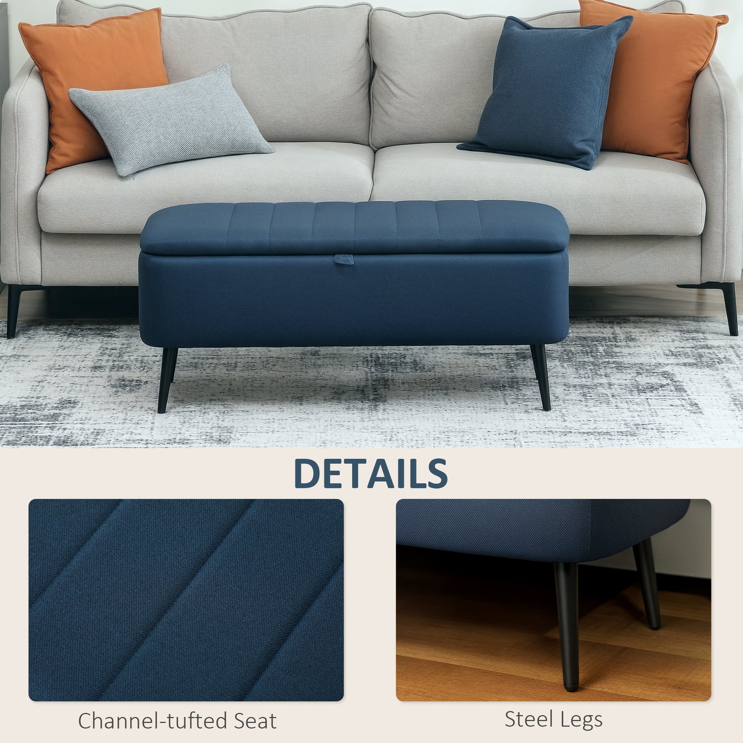 Sudina Linen Look Rectangle Dark Blue Storage Ottoman